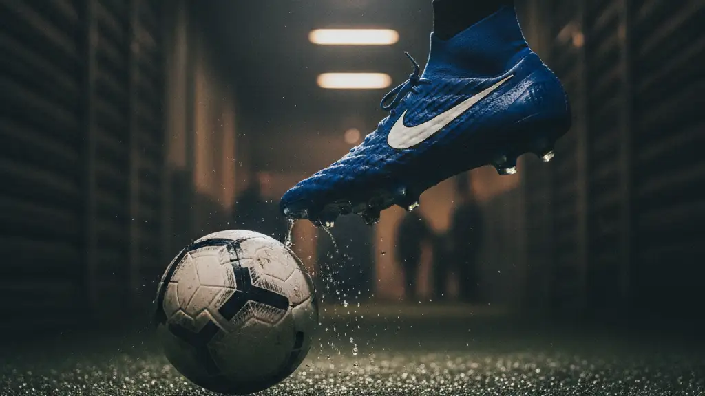 A Chelsea blue football boot poised to kick a ball on a blurred pitch.