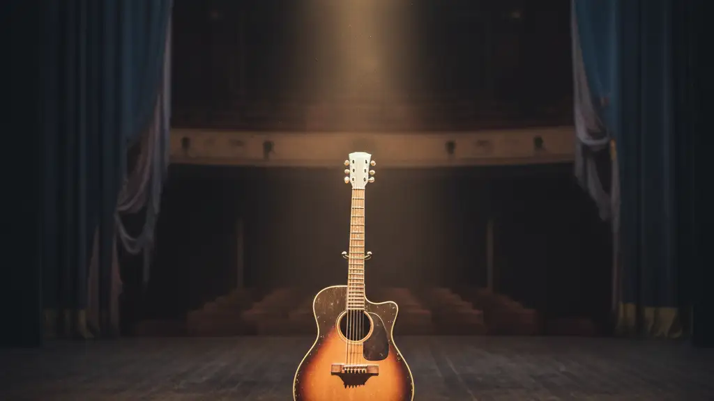 A lone vintage acoustic guitar on a dimly lit stage, spotlighted.