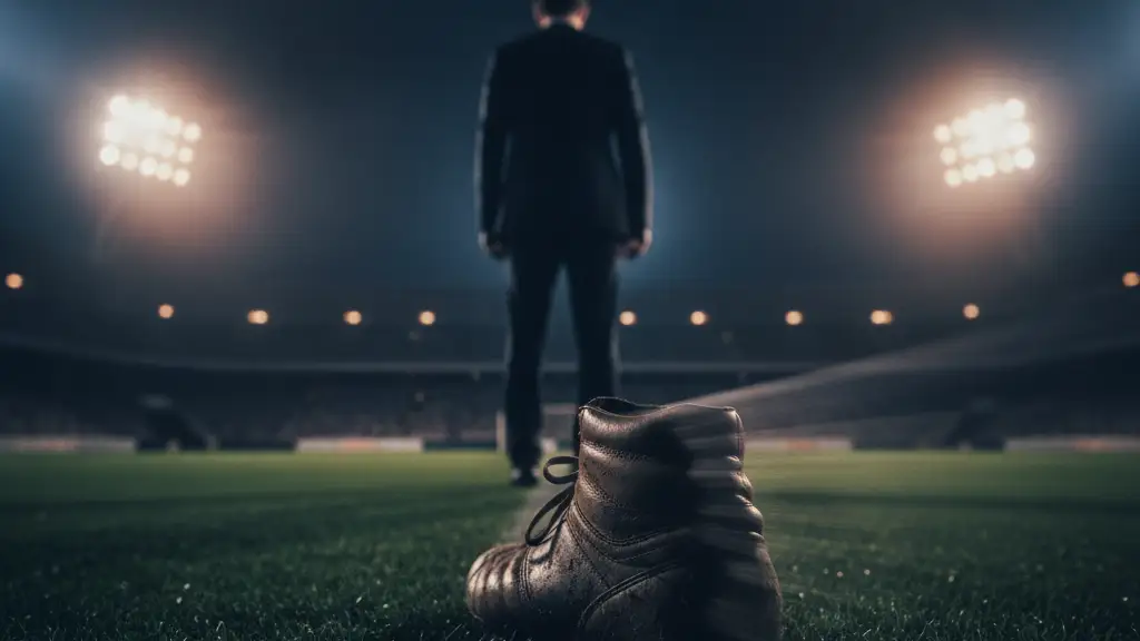 Blurred figure in suit on football pitch sidelines, focused football boot in foreground.