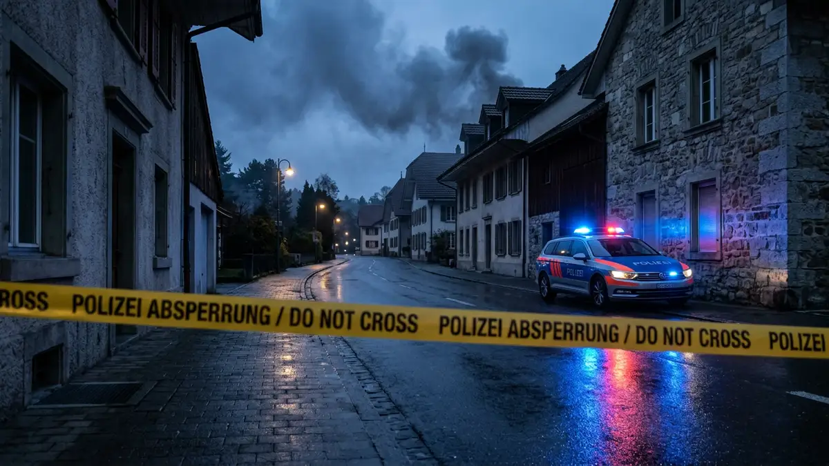 Police tape and emergency vehicle lights reflecting on a wet street at night under smoke.