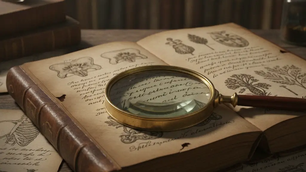 An antique journal with medical illustrations and a magnifying glass on its pages.