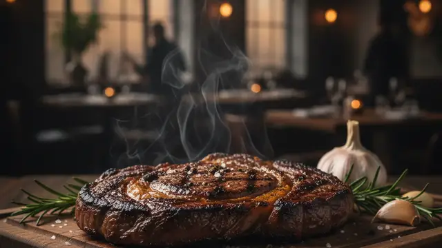 Close-up of a perfectly seared steak on a wooden board in a dimly lit restaurant.