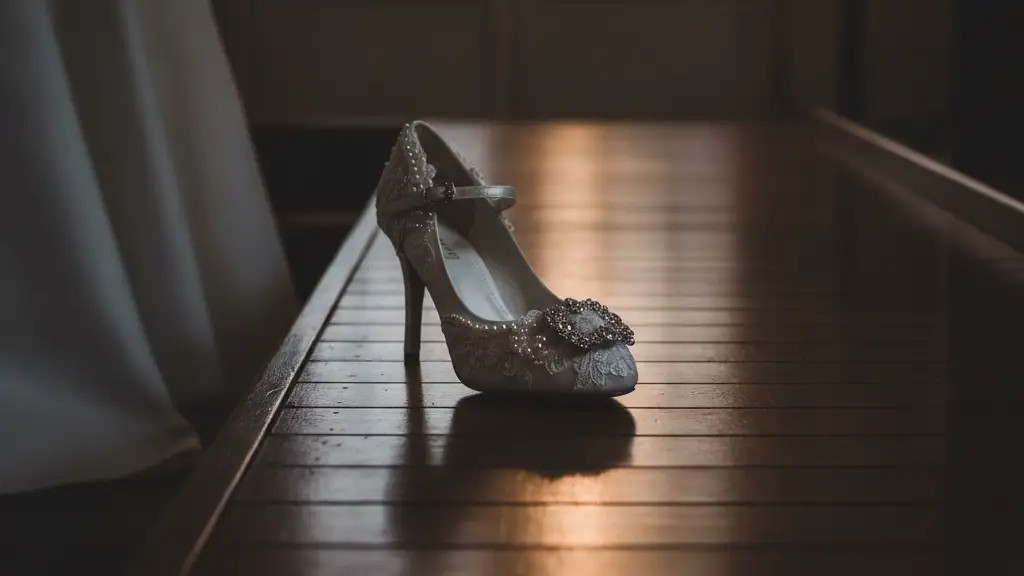 A white wedding shoe rests on a dark wooden wheelchair ramp.