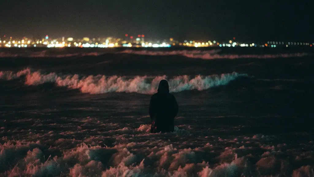 Silhouetted figure in dark water with distant city lights and emergency light reflections.