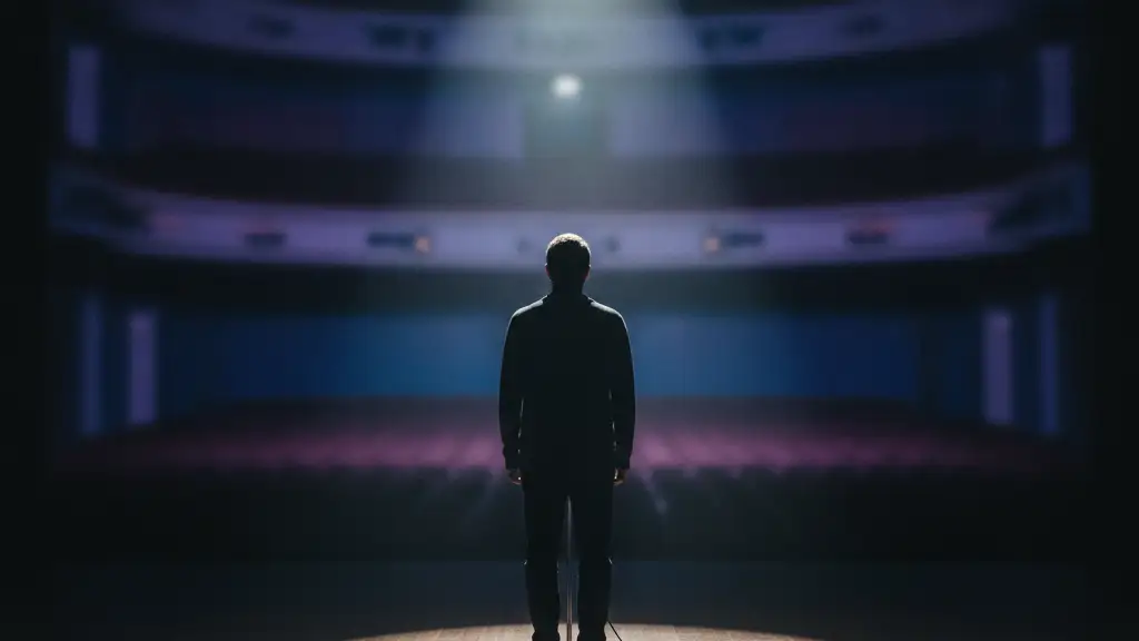 A silhouetted figure on an empty stage with a single spotlight.
