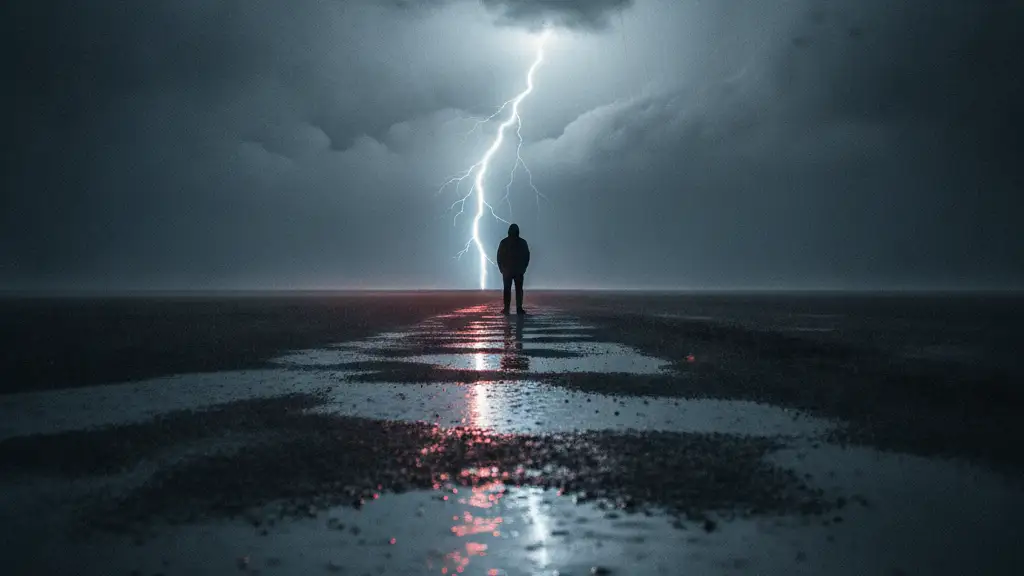 Silhouetted figure under a stormy sky with distant lightning and rain.