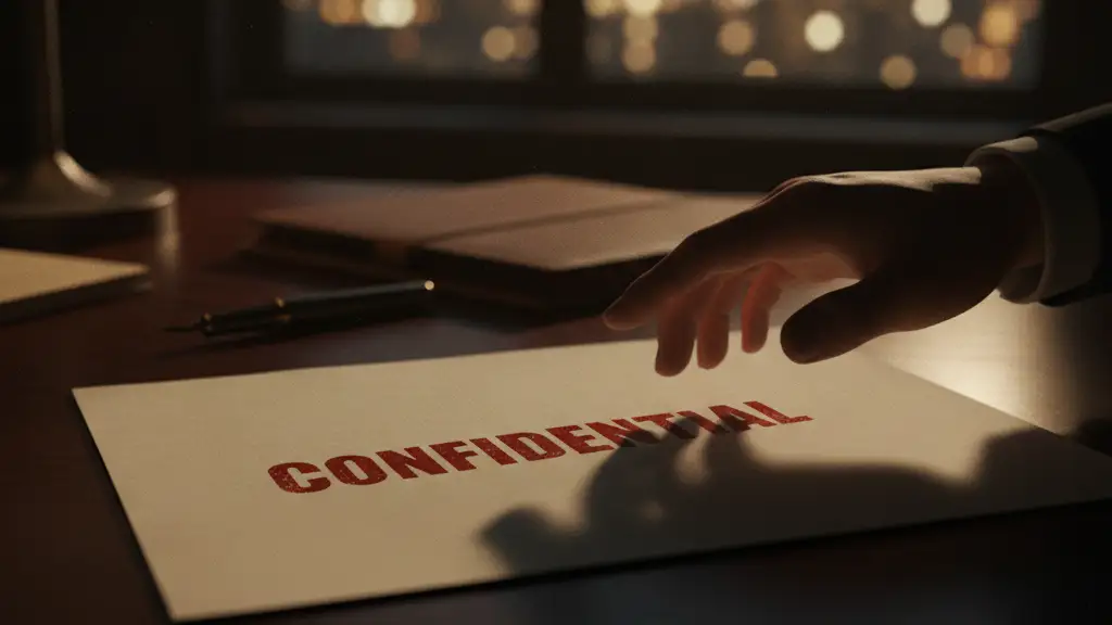 A blurred hand reaching for a confidential document on a mahogany desk.