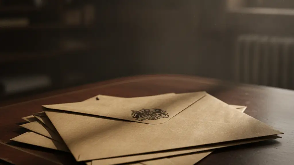 Stack of official HMRC envelopes on a dark desk, dramatically lit.