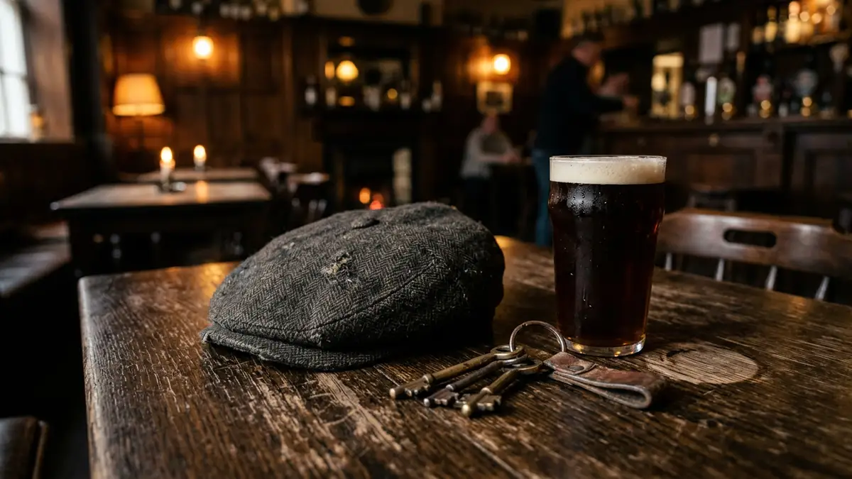 A flat cap and keys resting on a wooden table in a dimly lit pub.