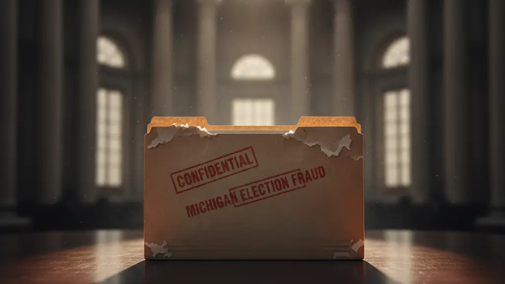 Confidential file folder labeled 'MICHIGAN ELECTION FRAUD' on a dark desk.