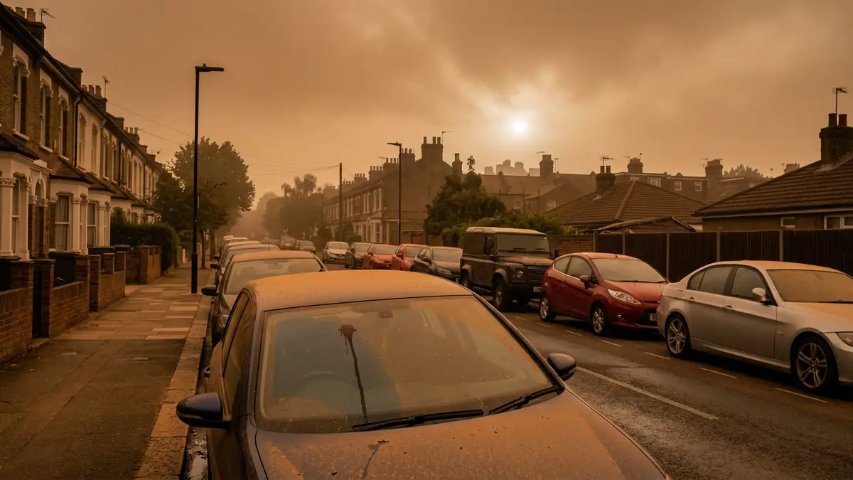 A car windshield covered in orange Saharan dust with a single streak from a raindrop.