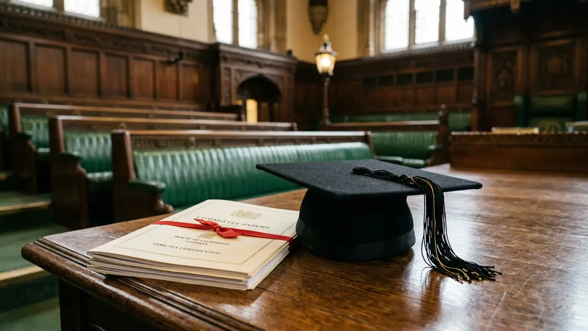 A graduation cap and official documents on a wooden table in a parliamentary room.