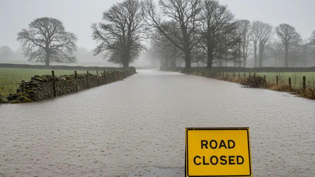 A yellow road closed sign partially submerged in floodwater on a rural UK road.