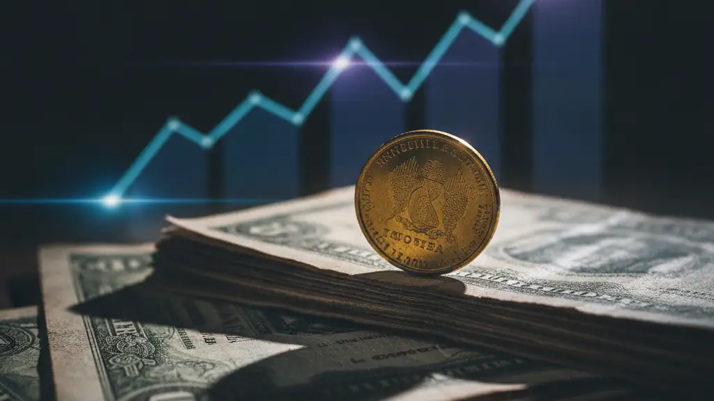 A gold coin balancing on old paper currency, with a blurred financial graph background.