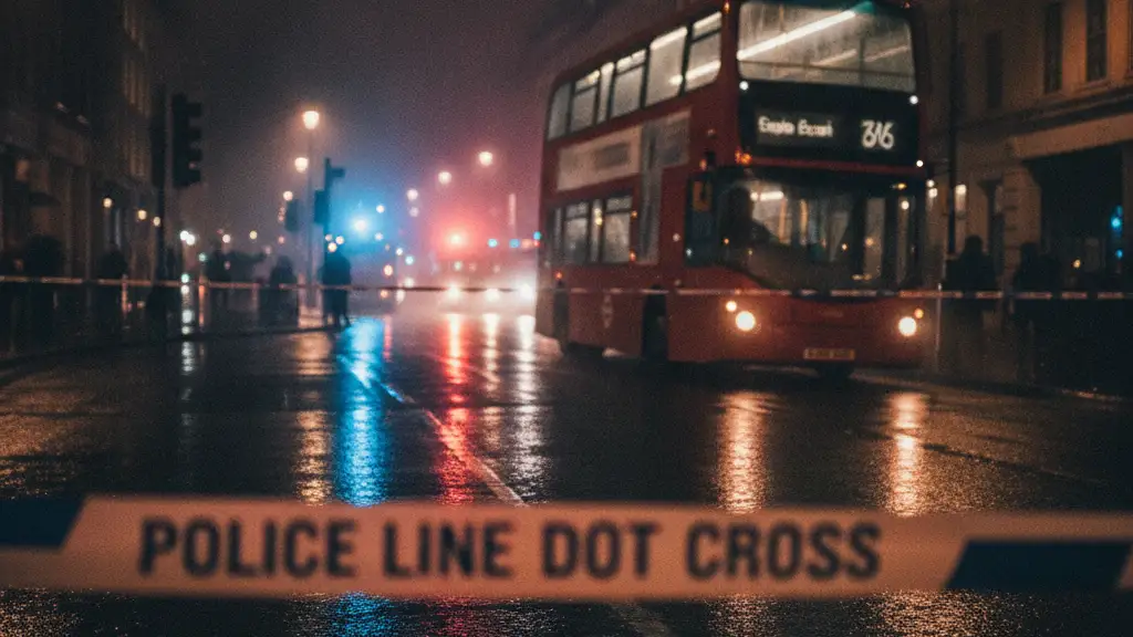 Rain-slicked street reflecting emergency lights, police tape in foreground, red bus in background.