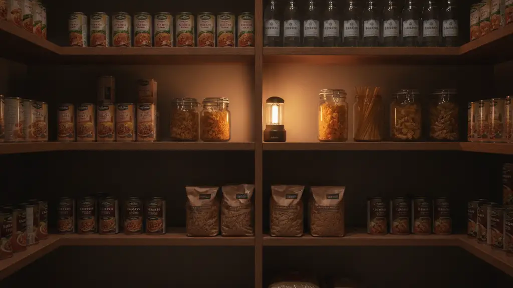 Neatly stocked pantry with canned goods, bottled water, and a glowing lantern.