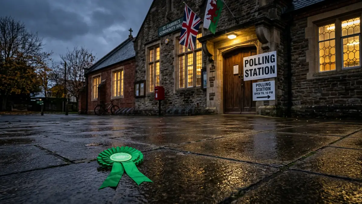 A green political rosette lies on the ground outside a traditional British polling station building.