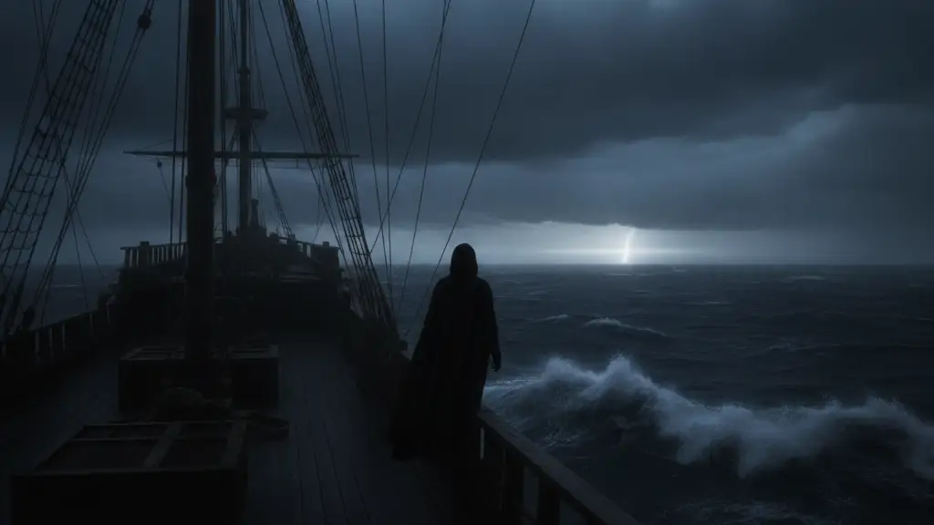 Silhouetted figure on a ship's deck, gazing at a stormy ocean.
