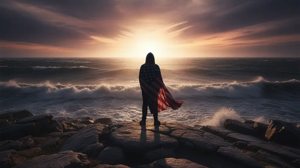 Silhouetted figure on a rocky shore overlooking a vast, turbulent lake at sunset.