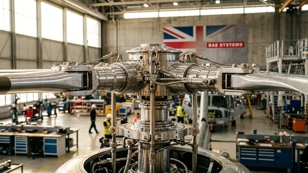 Close-up of a metallic helicopter rotor assembly inside a modern aerospace manufacturing facility.