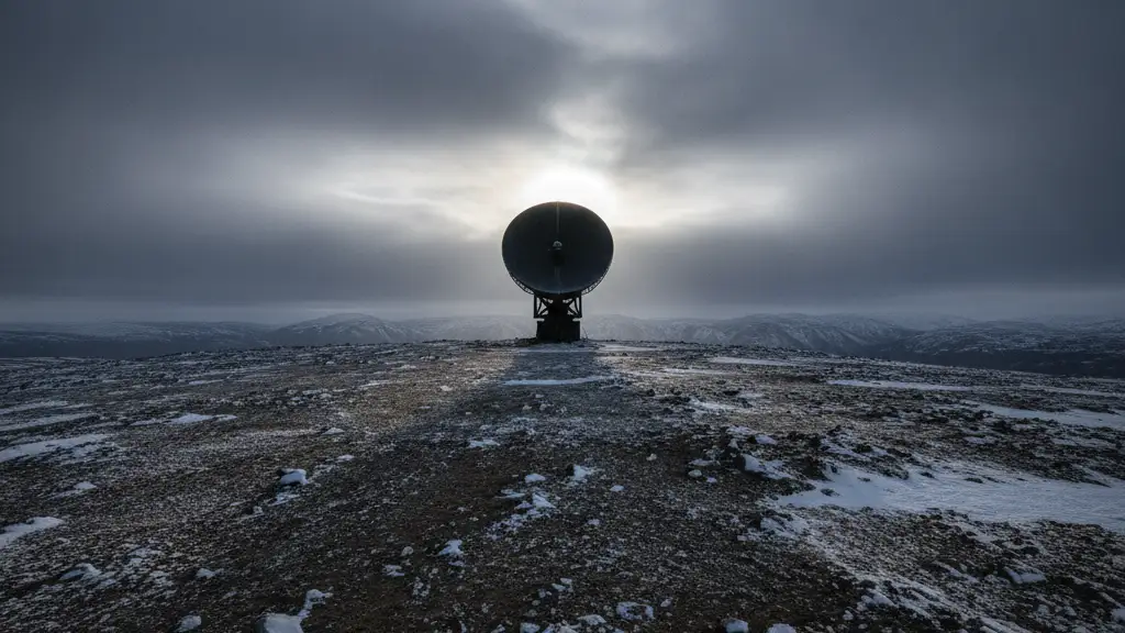 Isolated radar dish silhouetted against a desolate, snow-dusted Alaskan landscape.