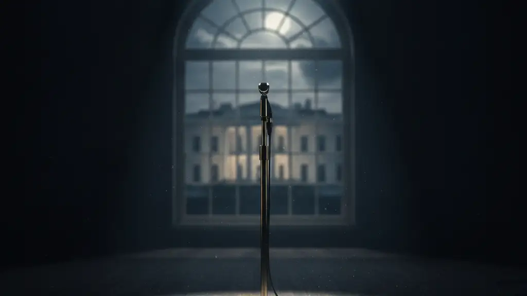 Empty microphone stand under spotlight, White House blurred in background.