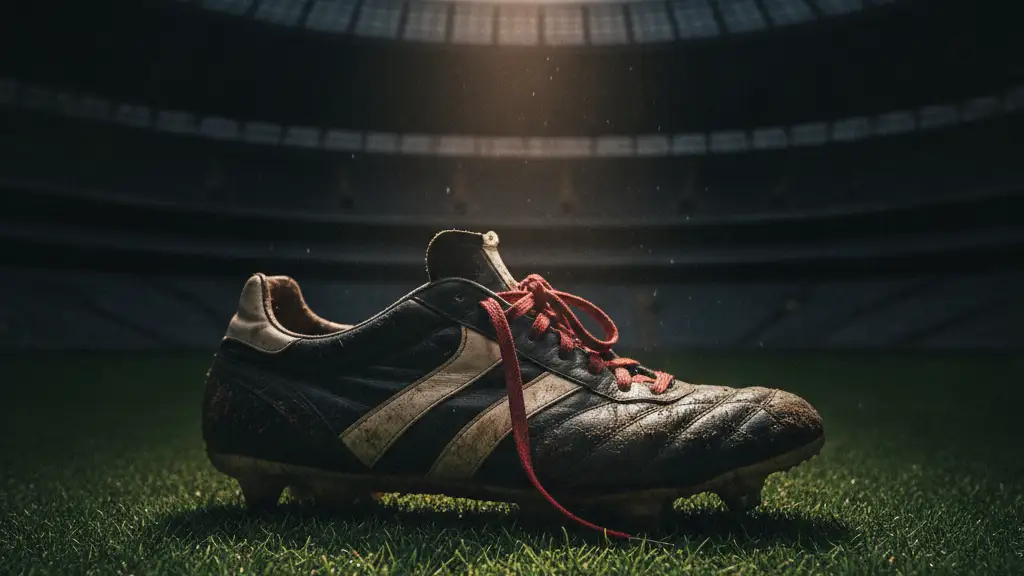 A football boot on a pitch with a blurred stadium in the background.