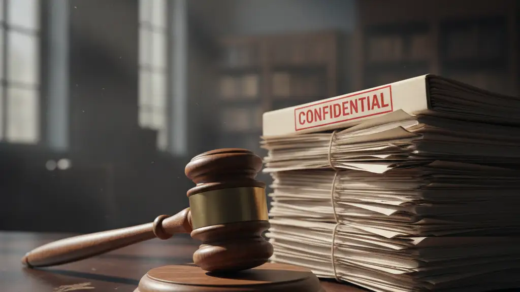 Heavy wooden gavel resting on a confidential file on a dark desk.