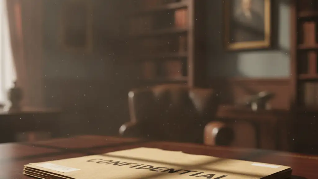 Confidential file folder on a dark desk, lit by a dramatic single light ray.