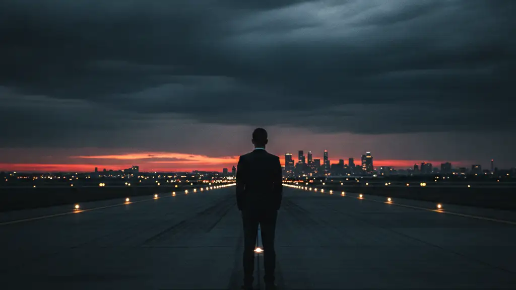 A silhouetted business figure stands on an empty airport runway at dusk.