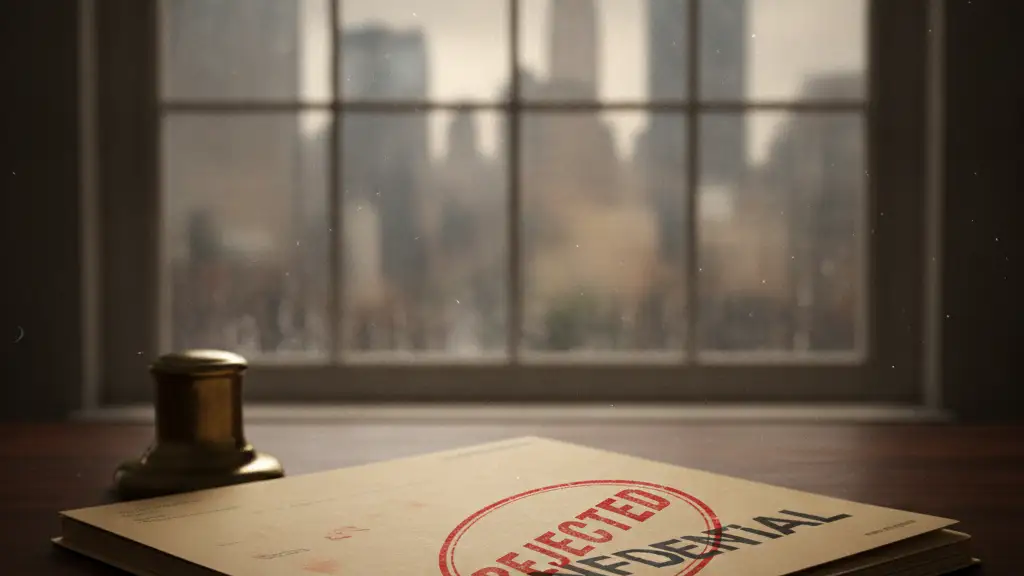 Confidential file stamped 'REJECTED' on a mahogany desk, blurred city background.