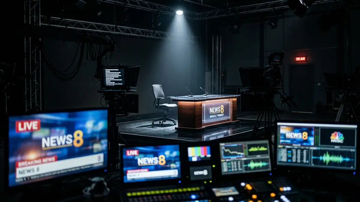 An empty news anchor chair under a spotlight in a dark television studio.