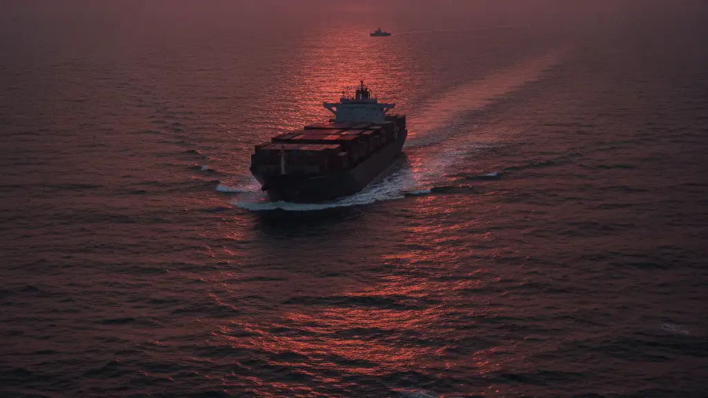 Silhouette of a large container ship at sunset in a narrow strait.