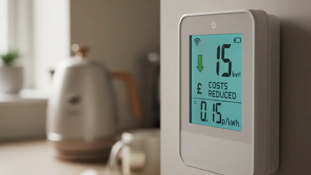 A close-up of a digital energy smart meter showing a downward trend in costs.
