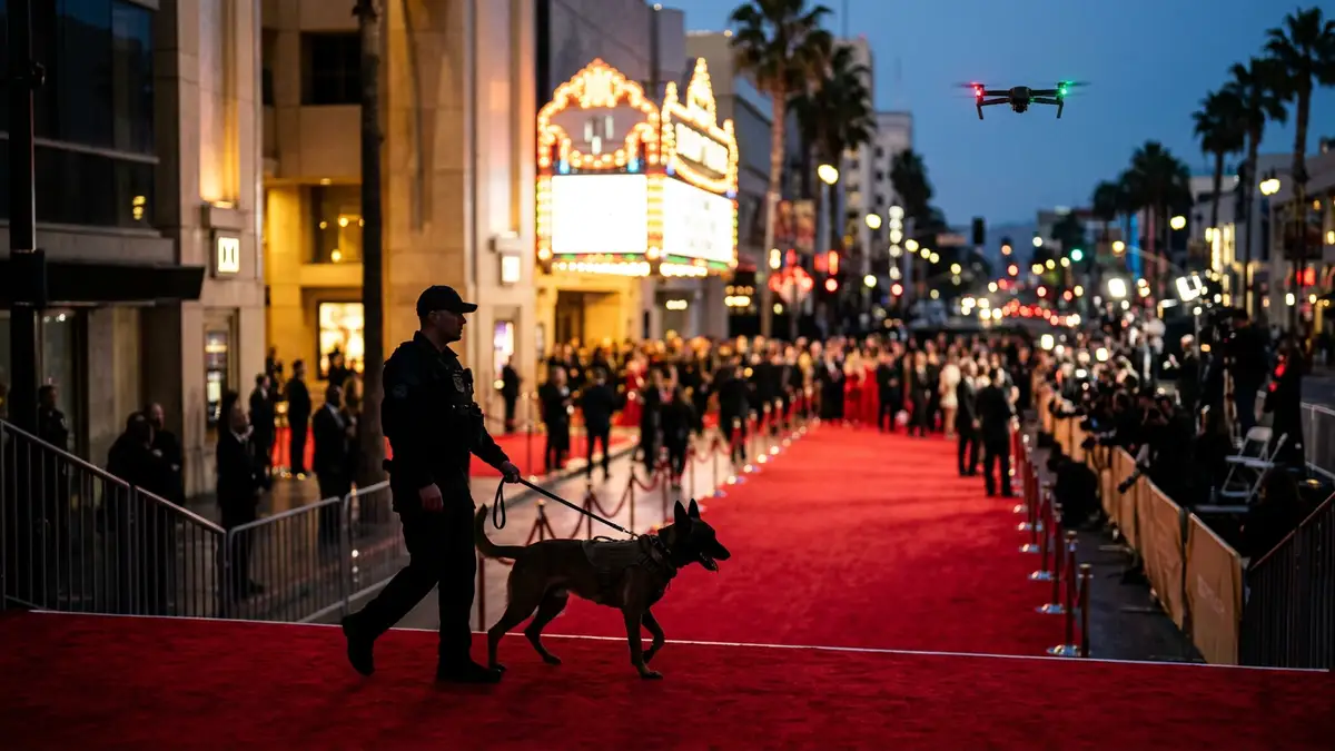 A security dog and handler patrol the red carpet outside the Dolby Theatre at night.
