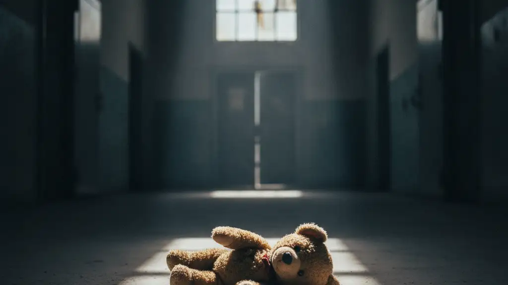 A small, worn teddy bear lies on a cold floor, lit by a stark light.