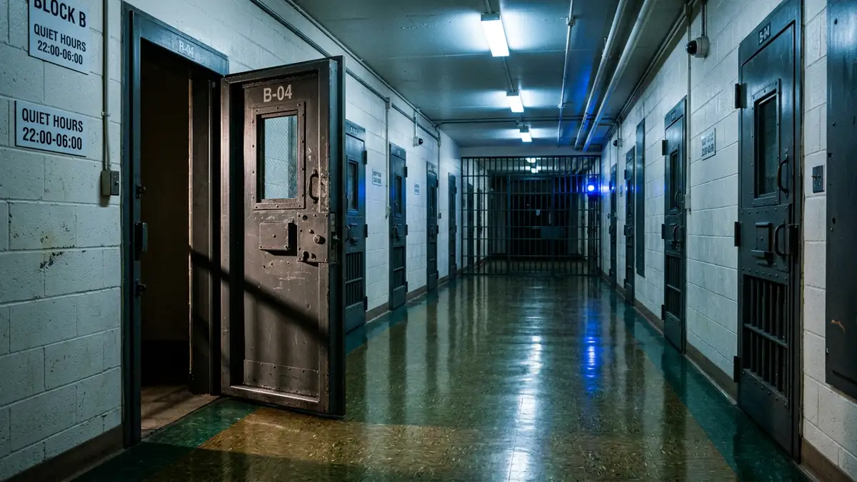 A sterile, dimly lit prison corridor with a heavy steel door and blue emergency light reflections.