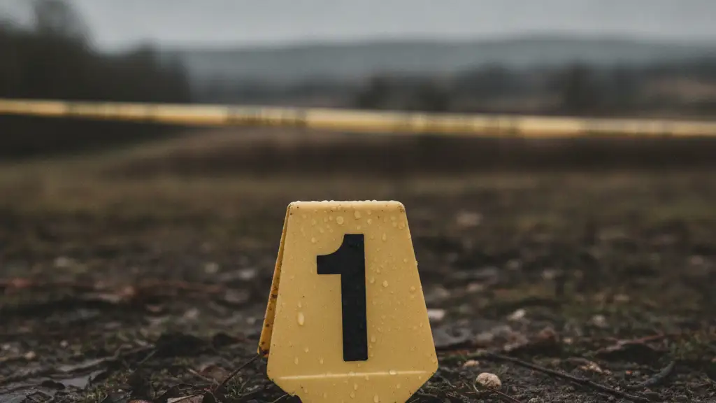 Police evidence marker on damp ground, blurred yellow tape in distant rural setting.