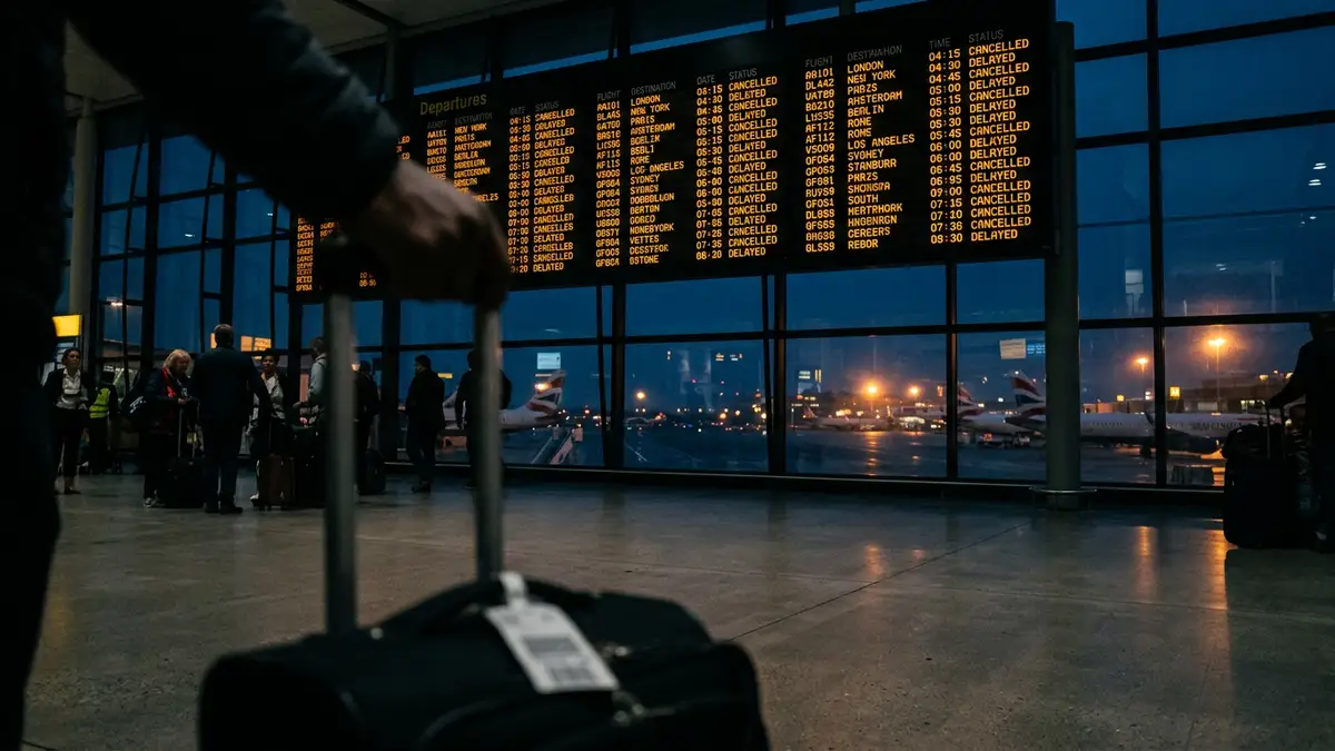 An airport departure board showing cancelled flights with grounded planes visible through the window.