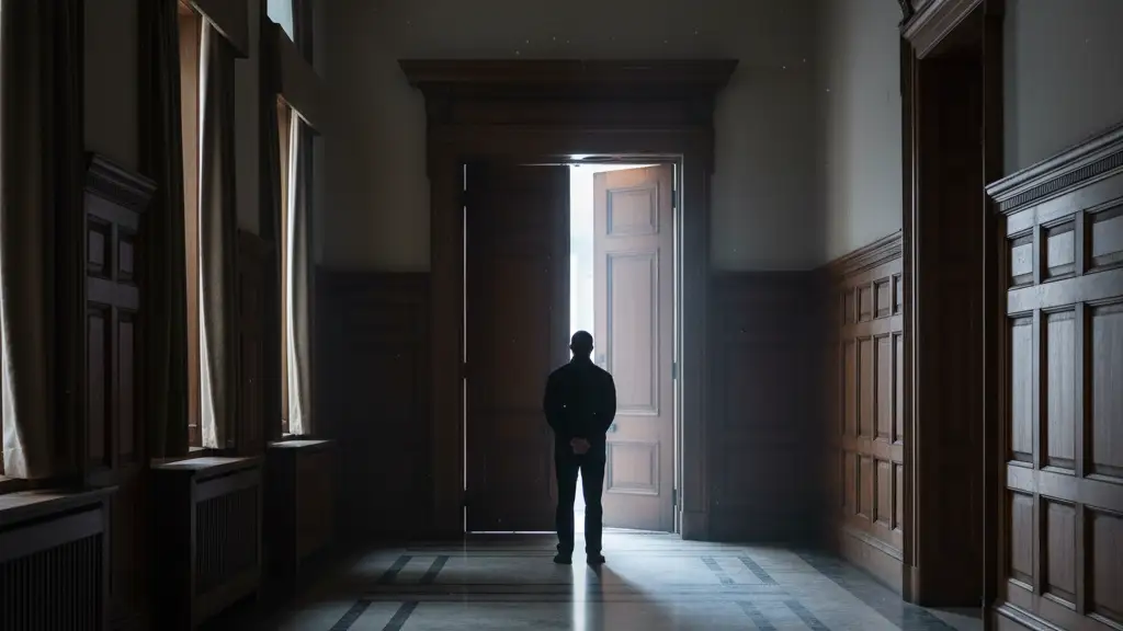 Silhouetted figure in a long, empty government corridor, back to camera, facing a distant light.
