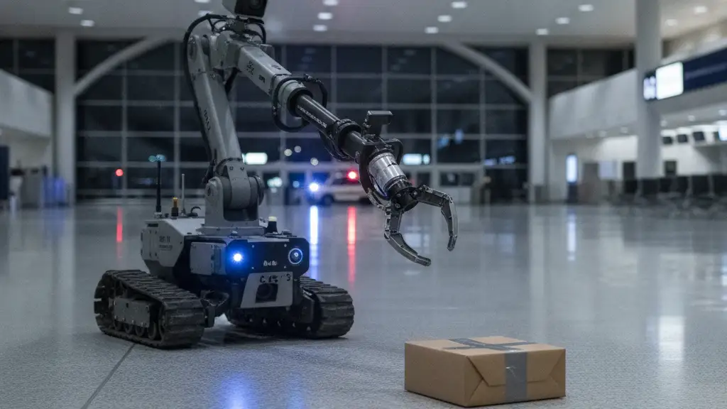Explosive ordnance disposal robot approaches a package on an empty airport terminal floor.