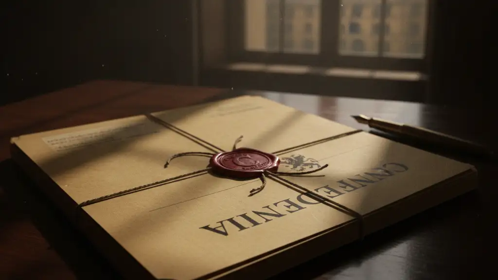 Confidential file folder on a desk, blurred university background.