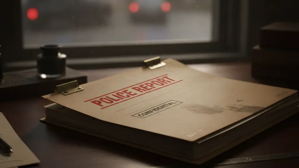 Confidential police report file on a desk with blurred emergency lights in background.