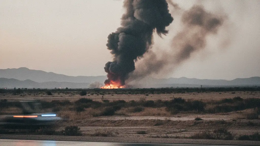 Distant smoke plume over arid Spanish landscape, with blurred emergency lights on wet asphalt.