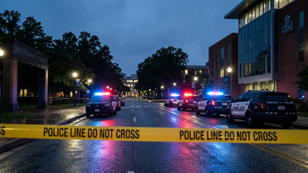 Police tape and emergency vehicle lights reflecting on the ground at a university campus entrance.