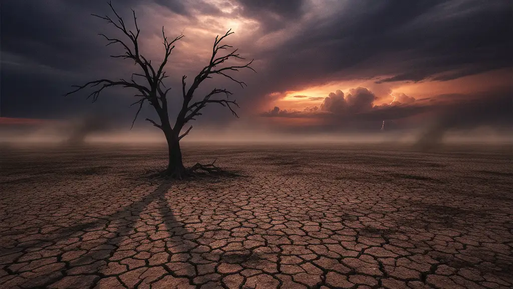 A lone, parched tree silhouetted against a cracked earth landscape under a stormy sky.