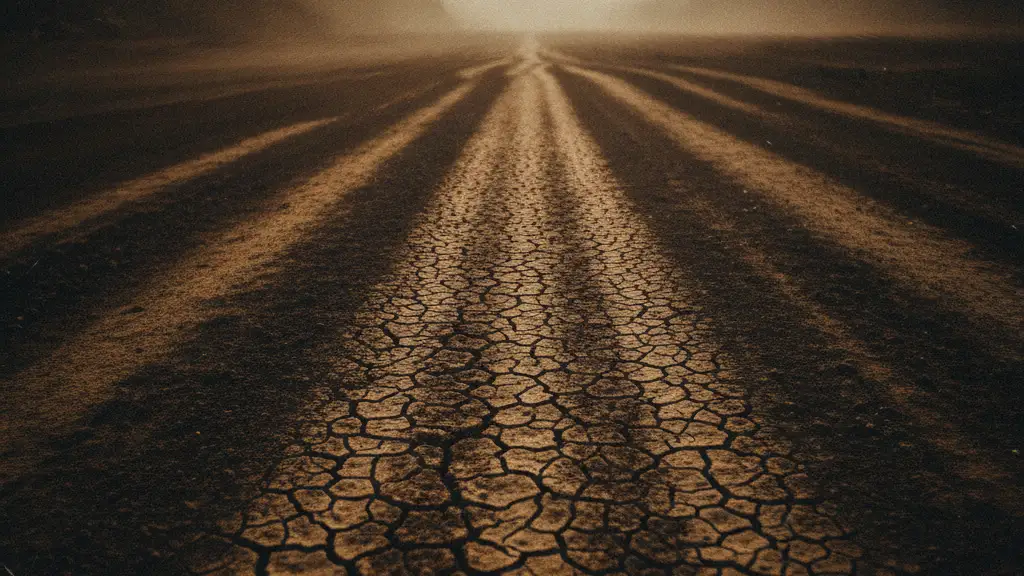 A parched, cracked earth path under a shimmering, hazy sky.
