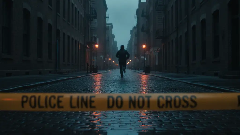 Police tape in foreground, blurred figure running down a wet street at dawn.