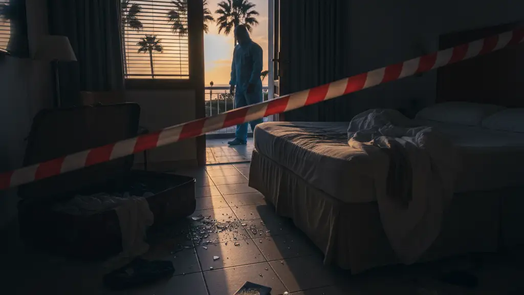 A high-fidelity, photorealistic editorial news image. STRICT RULES: NO human faces, NO identifiable people, NO named likenesses. Use symbolic representation: silhouettes, objects, props, or atmospheric scenes. Focus on environment, textures, and mood rather than people. Subject: British National Found Dead in Tenerife Hotel Room as Murder Investigation Opens. Style: 35mm lens, cinematic lighting, 16:9 aspect ratio, no text or borders.