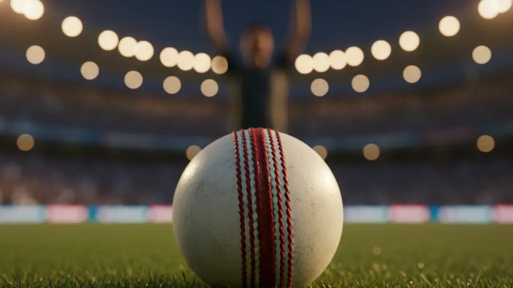 A cricket ball on green grass under bright stadium lights at night.